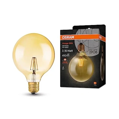 Bild av OSRAM Vintage 1906® Classic Globe125 FIL LED lampa, E27, sfärisk, guld, 4W, 410lm, 2400K, varmvit komfortljusfärg, mycket låg energiförbrukning, lång livslängd