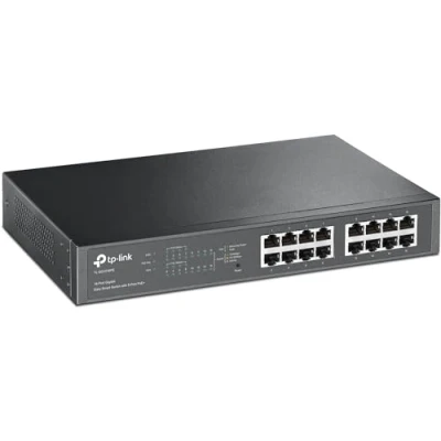 Bild av TP Link TL SG1016PE 16 port Gigabit Easy Smart Switch med 8 portars PoE+, upp till 30 W per och totalt 150 W, skärmad RJ 45 portar, 802.3af/at, plug and play, fläkt
