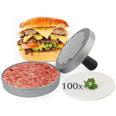 Bild av Belmalia Hamburgerpress Non stick med 100 Ark Bakplåtspapper Köttpressare för Perfekta Hamburgare Ostburgare, Biffar, Köttbullar, Stekpanna Hamburgare, Grillat 11cm