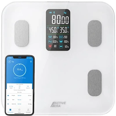 Bild av Active Era® Smart Badrumsvåg med Stor LED Display Bluetooth Digital Våg 16 Mätningar, Hög Precision för Kroppsvikt, Kroppsmasseindex (BMI), Gratis App till Smartphone (Vit)