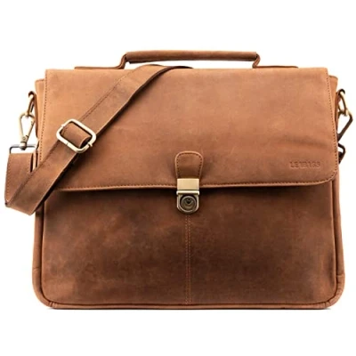 Bild av LEABAGS läder axelväska herr portfölj vintage laptopväska messengerväska för 15 tum bärbar dator, med axelrem, notebookväska läder, arbetsväska, axelväska, Rävröd, Texas, Bohemisk,