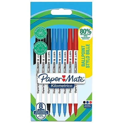 Bild av Paper Mate Kilometrico kulspetspennor Lång användningstid med mediumspets (1,0 mm) Svart, blått och rött bläck 80% återvunnen plast 8 st.