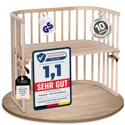 Bild av babybay Maxi extra stor extrasäng i massivt bokträ/barnsäng, höjd, steglöst justerbar och miljövänlig/babysäng som växer med barnet (naturligt obehandlad)