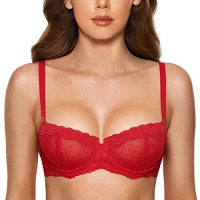 Bild av DOBREVA Balconette BH Damer med Bügel Push Up Dirndl Spitze BHs Sexy Grosse Grön Ungefär Lipstick Red 75D