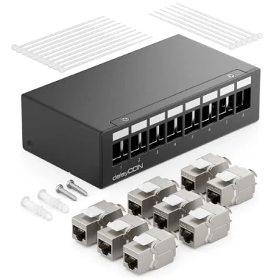 Bild av deleyCON 8 Portar CAT7 Patchpanel Uppsättning med 8x CAT.7 RJ45 Keystone Jack Modul STP 10 Gbit/s Kompatibel Installationskabel CAT6 CAT6a CAT8 Ethernet LAN DSL Nätverkskabel Svart
