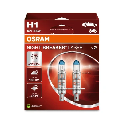 Bild av OSRAM NIGHT BREAKER LASER H1, 150% mer ljusstyrka, halogenstrålkastare, 64150NL 2HB, 12V, Hängande hopfällbar låda (2 lampor)