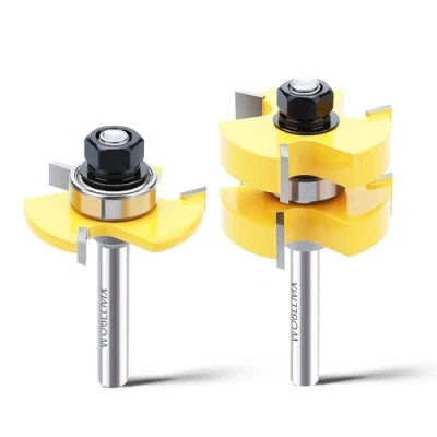 Bild av WOBLLMX 2 stycken groove och tongue tunga spårsats, 8 mm skaft 3 tänder justerbar T form träbearbetning fräs set, hållbar skarp för verktyg bit (L:6,35 mm, D: 47 mm)