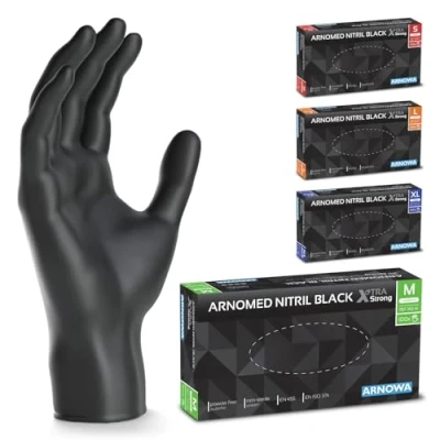 Bild av ARNOMED engångshandskar svart extra starka, i M, 50% tjockare nitrilhandskar, 1000 st, puderfria engångshandskar, latexfria gummihandskar, S, L &amp; XL