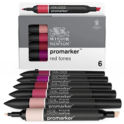 Bild av Winsor &amp; Newton 0290159 ProMarker, professionell layoutmärkpenna 2 spetsar, fin och bred för ritningar, design layouter röda toner 6 pennor