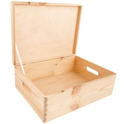Bild av Creative Deco XL Stor Trälåda Förvaring Minnessak Trä Slätt 40x30x13cm (+/ 1cm) med Lock Handtag Omålad Julklappslåda Julen Leksaksverktyg Dokumentminne Bröst att Dekorera RÅV &amp; OSANDAD