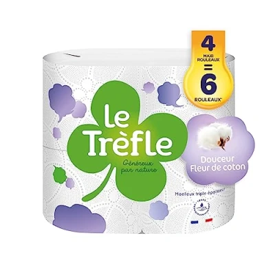 Bild av Le Trefle Douceur Fleur de Cotton Toalettpapper 4 maxirullar = 6 klassiska rullar bomullslotion återvinningsbar förpackning FSC® certifierad blandad