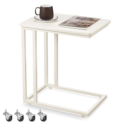 Bild av Vasagle LNT050W77 Sidobord, modernt soffbord med stålram och hjul för vardagsrum, sovrum balkong, enkel montering, krämvitt