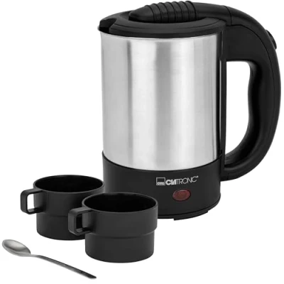 Bild av Clatronic WKR 3624 resekanna, kapacitet upp till 0,5 liter, perfekt för resor, camping och på språng, inkl. 2 koppar 170 ml, transport/resväska kaffesked, rostfritt stål/svart