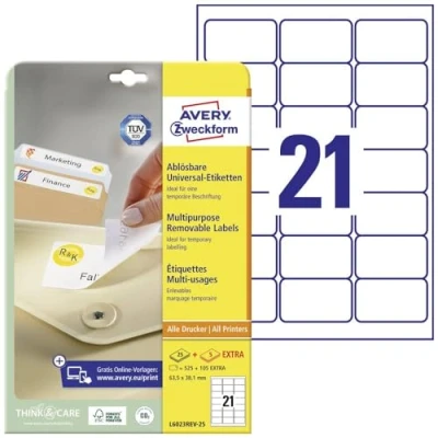 Bild av Avery Zweckform L6023REV 25 avtagbara etiketter företagsetiketter för att identifiera broschyrer 63,5 x 38,1 mm ark