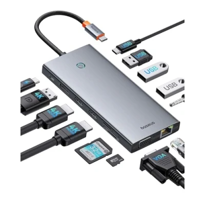 Bild av 【Chip optimerad】Baseus USB C dockningsstation 3 bildskärmar, 13 i 1 hub med 2 HDMI 4K@60 Hz, DisplayPort VGA, 3.1 10 Gbps, PD 100 W och Ethernet för Dell/HP/Lenovo/Surface Laptop