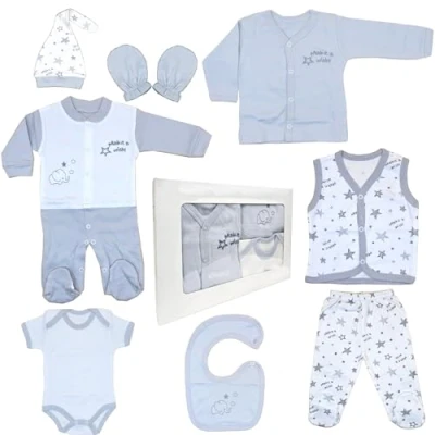 Bild av Blue Eyes nyfödd baby presentset unisex 8 delar första kläder &amp; babyutrustning 100 % naturlig OEKO‑TEX® bomull spädbarn 04 månader gåva babyshower (Stjärna grå)