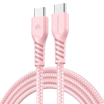 Bild av TECHGEAR 1 m USB C till kabel, 60 W, typ flätad snabbladdningskabel, kompatibel med iPhone 15, iPad Pro, MacBook, Samsung Galaxy S24/S23/A14/A15/A25/A34/A55/A54/A05s/A04s, rosa