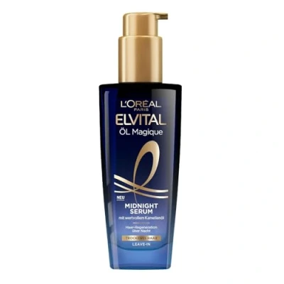 Bild av L&#039;Oréal Paris närande serum för mjukt och glänsande hår, verkar långvarig mot frizz, lämnar inga rester, med kameliablomolja, elvital olja Magique Midnattsserum, 1 x 100 ml