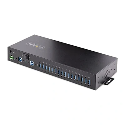 Bild av StarTech.com 16 portars industriell USB 3.0 hubb 5 Gbps, metall, DIN/yta/rackmonterbar, ESD skydd, terminalblockseffekt, upp till 120 W delad laddning, dubbelvärd hubb/omkopplare
