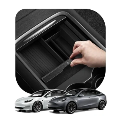 Bild av Spigen Tesla Model Y 3 Mittkonsol Organiserar Förvaring Interiör Bricka, Förvaringsfack och Arrangör för Tillbehör Carbon utgåva
