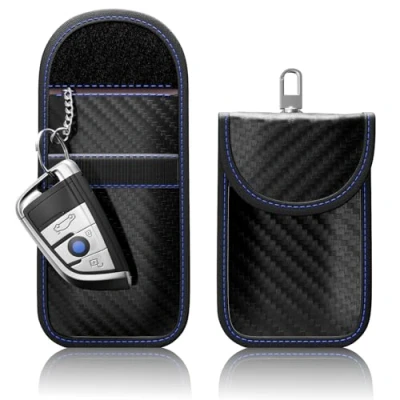 Bild av 2 stycken FOAMO Keyless Go skydd bilnyckel fjärrnyckel RFID avskärmning blockerare nyckelväska nyckelfodral kol svart blå