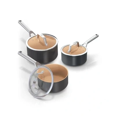 Bild av Ninja Extended Life 3 delat keramiskt kastrullset (16,18 &amp; 20 cm kastrull), non stick belagd (utan PFAs, PFOAs, bly, kadmium), lämplig för induktion, ugnssäker upp till 285 C, terrakotta och grå