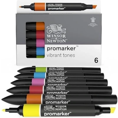 Bild av Winsor &amp; Newton 0290110 ProMarker, professionell layoutmärkpenna 2 spetsar, fin och bred för ritningar, design layouter 6 färger set levande toner