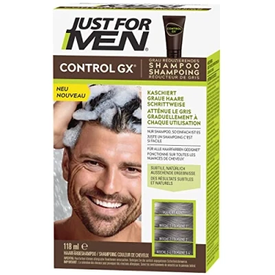 Bild av Just For Men Control GX schampo, graduell hårmörkning, för att minska grått hår, hårfärgning, naturligt färgresultat, med kokosolja och aloe vera alla hårfärger, 118 ml