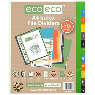 Bild av eco A4 50% återvunnet set 12 breda indexfildelare