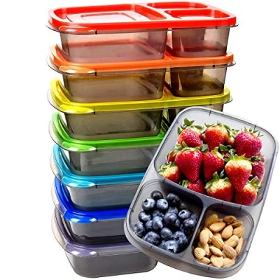 Bild av Youngever 7 pack hård Bento lunchlåda, stapelbara matförvaringsbehållare för måltider, återanvändbar 3 fack plast uppdelad (regnbåge)