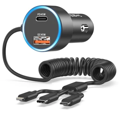 Bild av Bil Laddare Snabbladdning 90W, USB C [PD45W&amp;QC45W] Adapter Mobile tändare Snabb laddning med 3 i 1 Spiral kabel för Samsung S23/S22/S21,iPhone 15 Pro Max