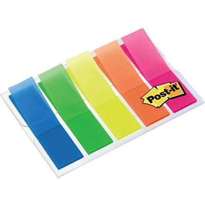 Bild av Post it 683HF5 Index, 5 x 20 färgade självhäftande ränder i fodralet (11,9 43,2 mm) blå, grön, gul, orange, rosa