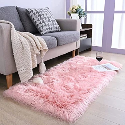 Bild av Hequn Halkfri fuskpälsmatta, fluffig matta, golvmatta i falskt fårskinns för inredning av sovrum, vardagsrum och barnrum (rosa, 75 x 120 cm fyrkantig)
