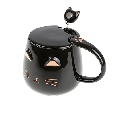 Bild av lachineuse Kawaii kattmugg 450 ml med lock och sked svart guld keramisk färg kaffe te infusionsmugg original japansk mugg presentidé Japan asiatisk kattunge söt