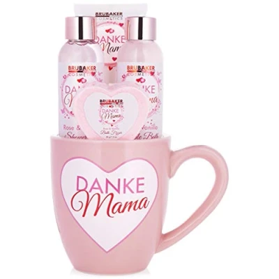 Bild av BRUBAKER Cosmetics tack mamma 5 delat bad och duschset med rosor vaniljdoft badset presentset i rosa kopp hjärtdekor