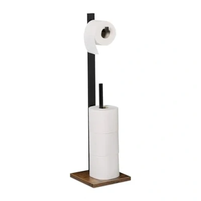 Bild av Relaxdays Toalettpappershållare för 5 reservrullar, stående toalettpappershållare, bambu, MDF, H x B D: 71 19 cm, svart/brun