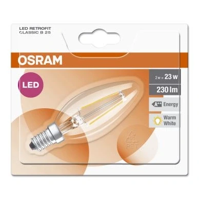 Bild av OSRAM LED Retrofit CLASSIC B/LED lampa, klassisk miniljusform: E14, 2,10 W, 220 ... 240 V, 25 W ersättning, klar, varm vit, 2700 K, 1 pack