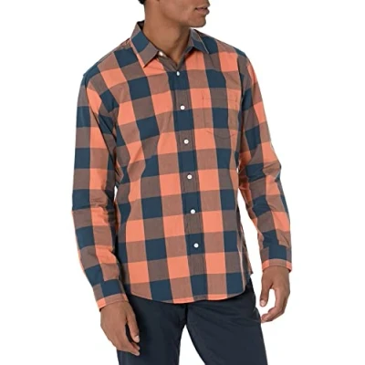 Bild av Amazon Essentials Men&#039;s Långärmad ledig poplinskjorta med normal passform, Marinblå Orange Buffel, M