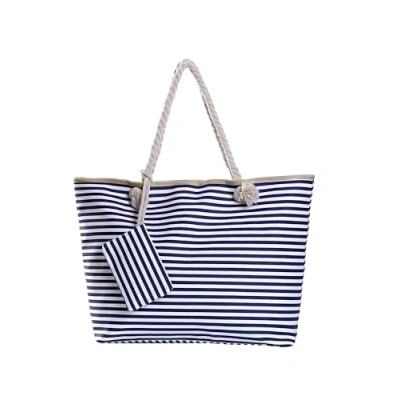 Bild av Stor strandväska vattenavvisande med blixtlås 58 x 38 18 cm randig mörkblå vit shopping axelväska
