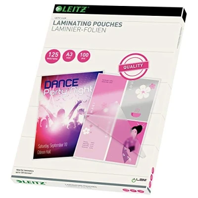 Bild av Leitz lamineringsfickor gjorda av 125 mikron tjockt material (transparent, glansig, A3) förpackning med 100