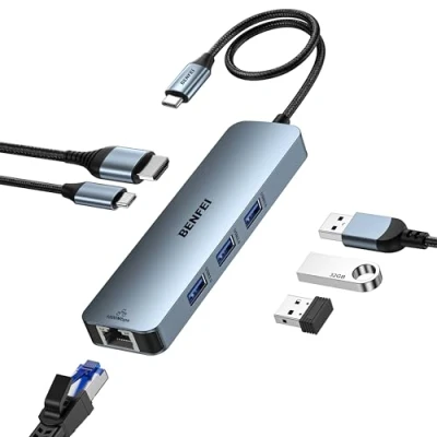 Bild av BENFEI USB C HUB 6 i 1 med HDMI(4K @ 60Hz), Gigabit Ethernet, 100 W Power Delivery 3 x 3.0, silikonkabel, aluminiumhölje kompatibelt iPhone 15 Pro/Max, MacBook, iPad Pro, iMac, S23, XPS17