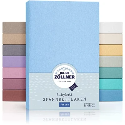 Bild av Julius Zöllner Jersey spännlakan för bebis och barnsäng, 100% jerseybomull, OEKO TEX standard 100 certifierad, storlek: 60 x 120 cm/70 140 cm, 2 pack, ljusblå