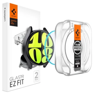 Bild av Spigen Glas.tR EZ Fit Skärmskydd kompatibel med Samsung Galaxy Watch7 44mm, 2 Stycken, inte case, Sjabloon voor Installatiem, Kristallklart, Case friendly, 9H härdat glas