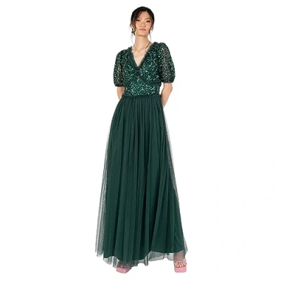 Bild av Maya Deluxe dam maxiklänning V hals kortärmad paljett Embellished tyll ruffle för bröllop gäst bridesmaid boll klänning, Smaragdgrön, 48