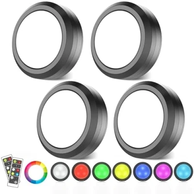 Bild av MOUJUCHI Puck lampor, RGB underskåp lampor trådlösa LED batteridrivna under skåp dimbar nattlampa med fjärrkontroll för kök garderob trapphylla, 4 pack