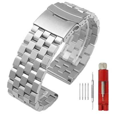 Bild av Kai Tian Premium 26 mm borstat silver 5 rader dubbla lås rostfritt stål klockrem, ersättning metall klockarmband armband för män kvinnor, SILVER, 26mm, Justerbar