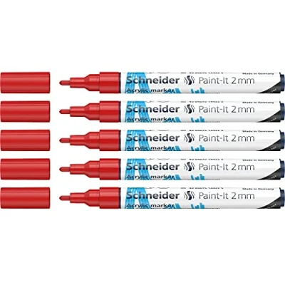 Bild av Schneider Paint It akrylpennor (med 2 mm rund spets, högtäckande akrylfärger för trä, duk, sten och mycket mer .) 5 pack, röd