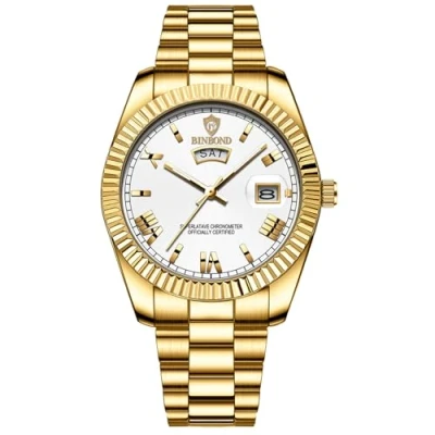 Bild av JewelryWe Herrklocka rostfritt stål kvarts analog armbandsur 30 m vattentät romerska siffror urtavla klocka med vecka datum kalender och lysande visare fars dag gåva, Fasetterad infattning guld/vit,