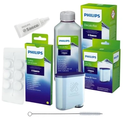 Bild av Philips AquaClean allroundvårdsset för helautomatiska kaffemaskiner (innehåller vattenfilter CA6903), avkalkningsmedel 250 ml, smörjfett HD5061, kaffefettlösare CA6704/10 (6 tabletter), rengöringsborste Seltino