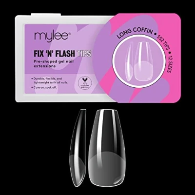 Bild av Mylee Fix &amp; Flash Soft Gel Tips, långa ballerinaformade, heltäckande mjuka gelnagelspetsar, gelnagelförlängningar, flexibla och resistenta, 12 olika storlekar, 552 st., passar alla naglar